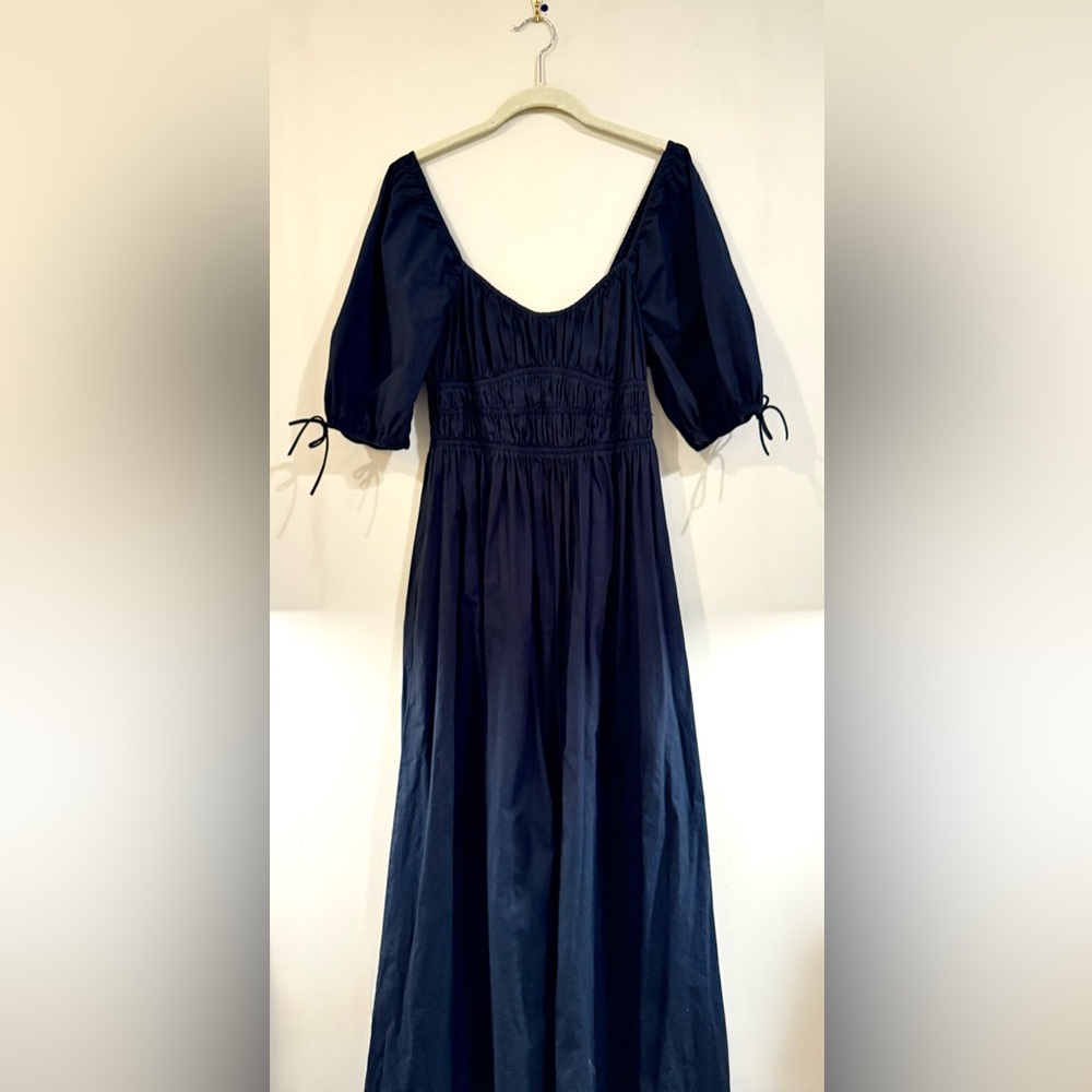 STAUD Black Puff Sleeve Maxi Dress – Smocked Empire Waist Cotton Poplin, Large - Picture 6 of 9